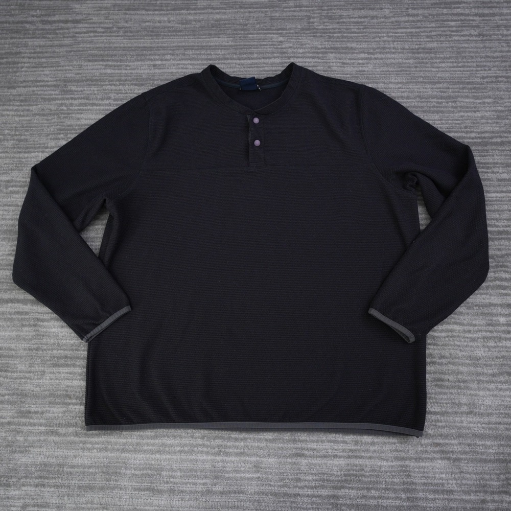 Lands' End Shirt Men Henley Waffle Knit Long Sleeve Snap Button Black Solid XL
